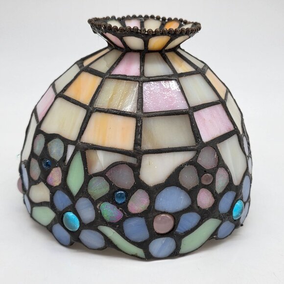 Stained Glass Mosaic Lamp Shade Multicolor Floral Pattern With Iridescent Accent - Picture 4 of 8